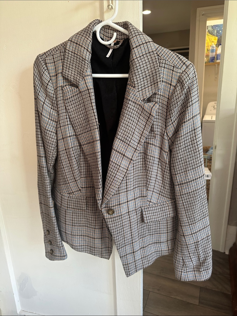 Free People Plaid Blazer in Blue, Beige, & Black